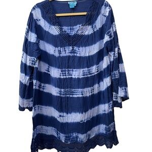 Aqua Blue Navy & White Tie Dye Striped Swimsuit Coverup Crochet Lace Trim Sz 1X